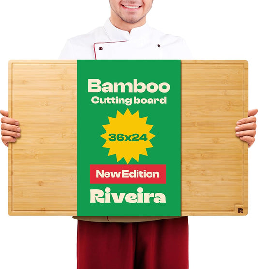 Riveira White Bamboo Wood Cutting Board – Gourmet Bamboo Grandeur: 36 x 24 Wooden Cutting Board – Wooden Cutting Boards For Kitchen Decorative – Innovative Juice Grooves Wooden Chopping Board