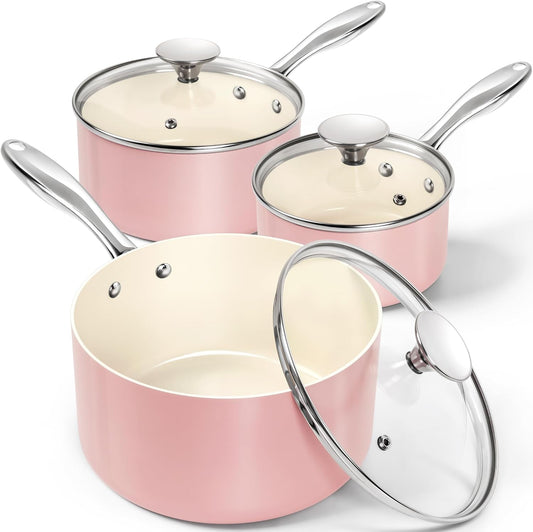 MICHELANGELO Sauce Pan with Lid, Non Stick Saucepan Set of 3-1Qt & 2Qt & 3Qt Small Pots for Cooking, Ceramic Saucepan - Non-Toxic, Scratch-Resistant, Oven Safe, Pink