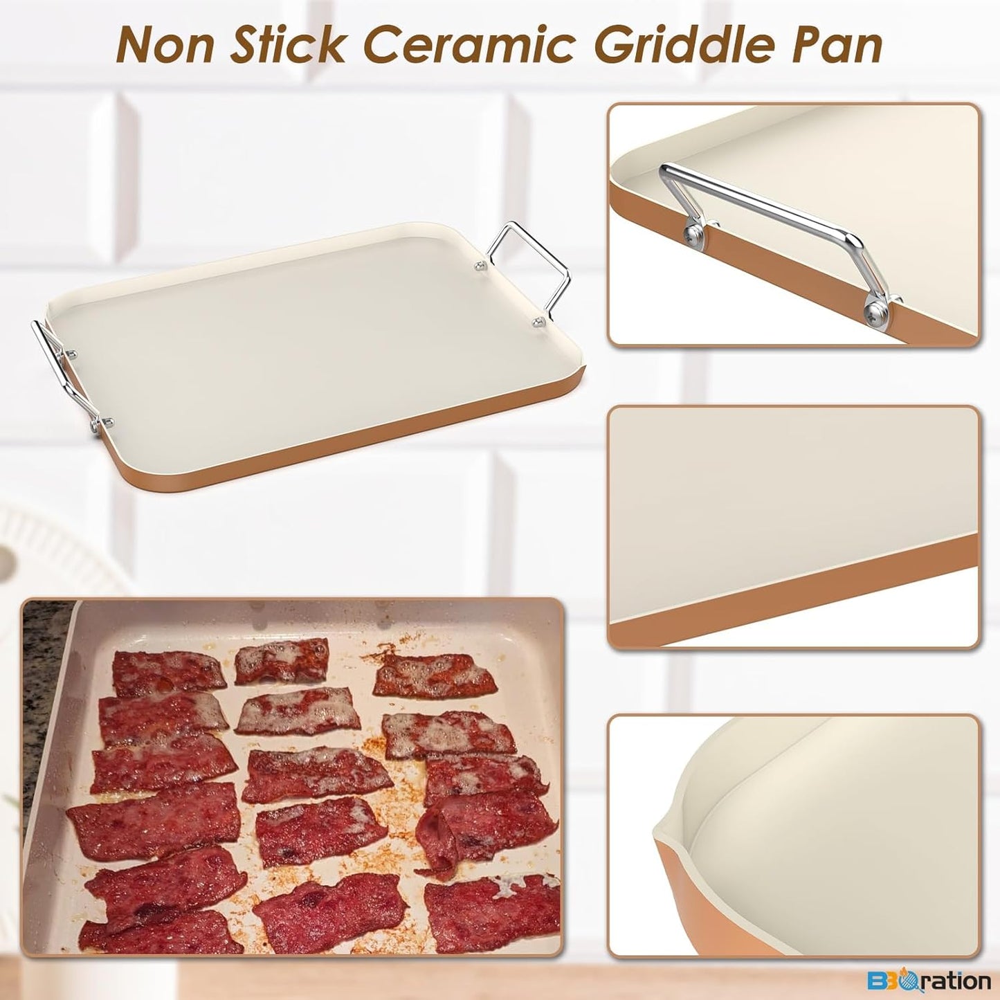 17.7" x 13" Burner Griddle Pan for Stove Top Oven, Stainless Steel Handles, Non Stick Ceramic Griddle Pan Griddle Skillet, PTFE Free PFOA Free