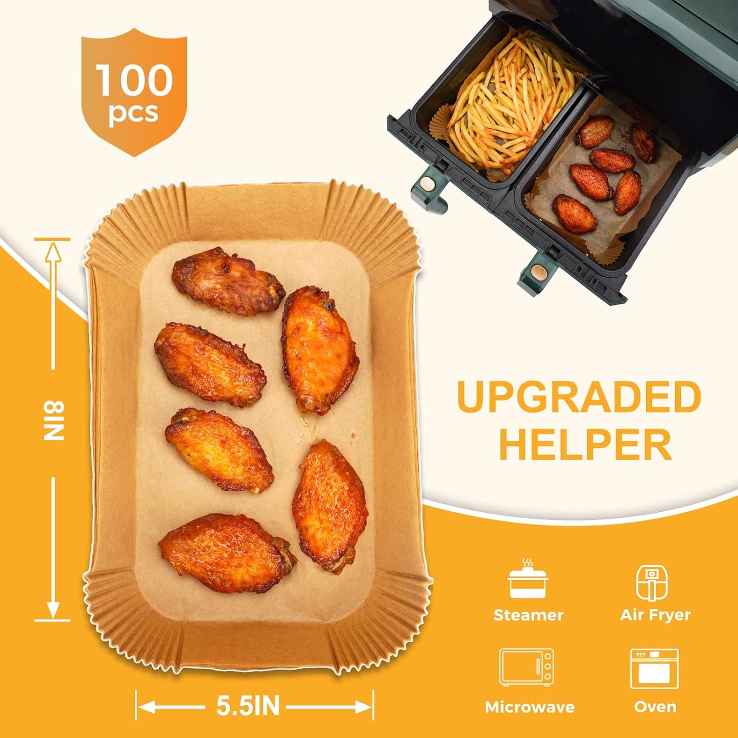 Vailnd Air Fryer Liners Disposable for Dual Basket, 100Pcs 8x5.5 Inch Rectangle Air Fryer Paper Liner for Ninja DZ201 DZ401, Chefman/COSORI 2-Basket Air Fryer, Oil Proof Parchment Paper