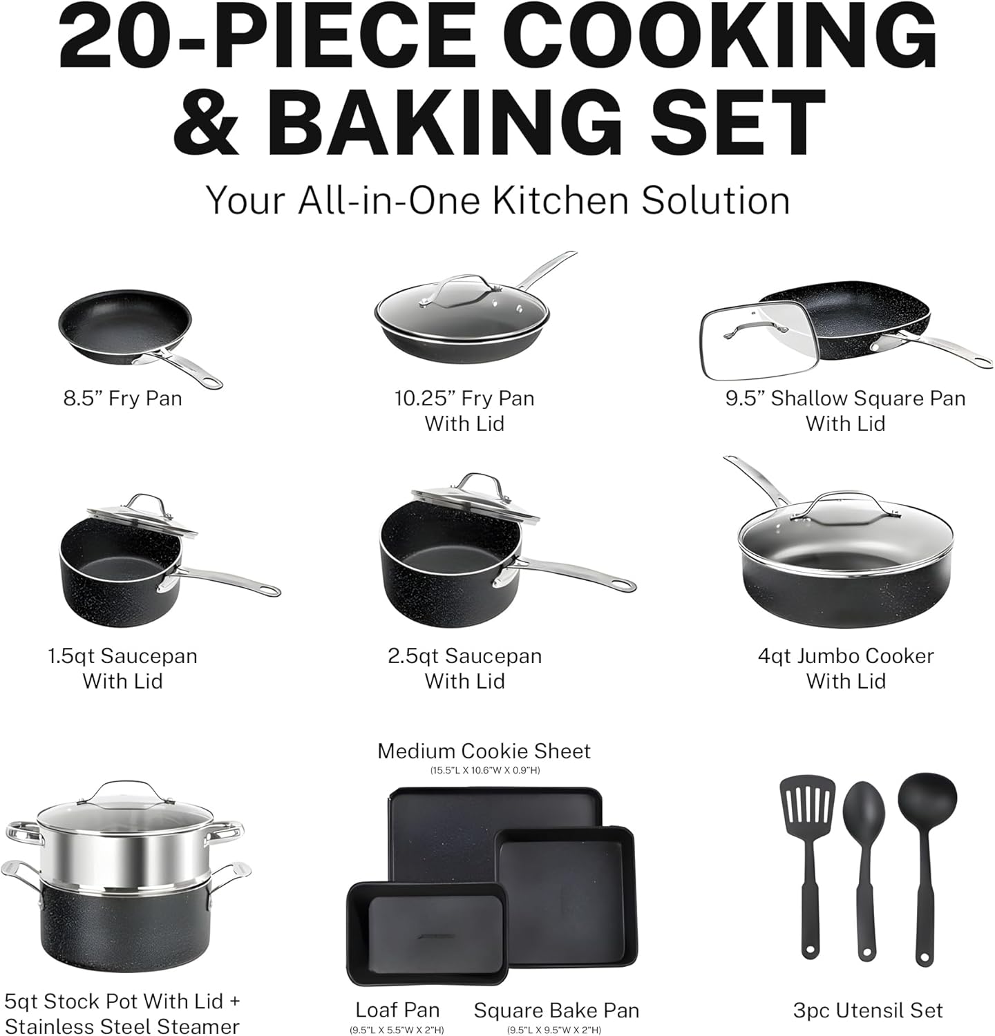 GRANITESTONE 20 Pc Complete Pots and Pans Set Non Stick Cookware Set with Deep Frying Pan Set, Bakeware, Steamer, Cooking Utensils, Non Toxic PFOA PFOS Free, Oven and Dishwasher Safe