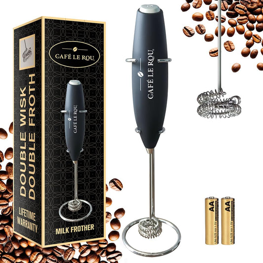 Cafe le Rou Milk Frother Handheld Battery Operated - Double Whisk with Stand. Batteries included. Electric Foam Maker, Drink Mixer with Stainless Steel Whisk
