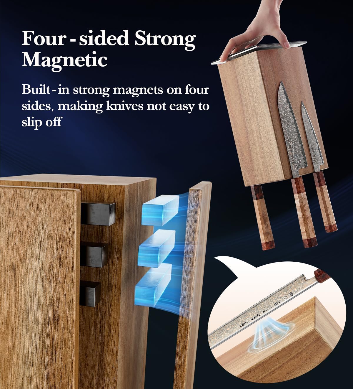 HEZHEN Magnetic Rotating Knife Holder without Knives, Acacia Wood, 360° Knife Block for Kitchen Counter, Space-saving and Larger Capacity Knife Storage, Strong Enhanced Magnets Strip