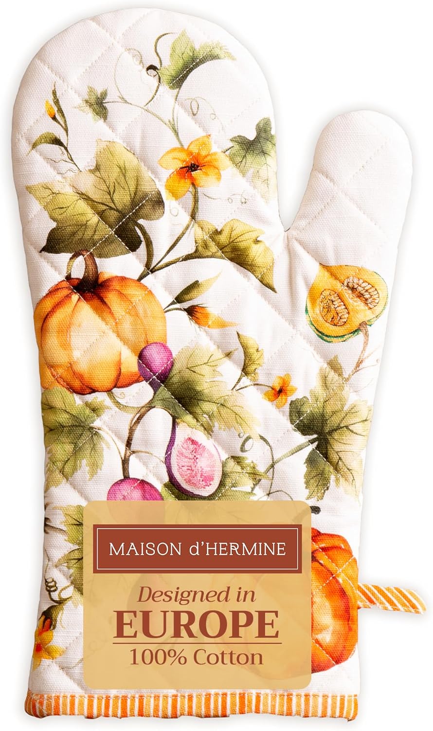 Maison d' Hermine Oven Gloves 100% Cotton Oven Mitt 7" x 13" with Loop Heat Resistant, BBQ, Cooking Gloves, Baking, Grilling, Kitchen, Handling Hot Pans (Pack of 1, Pumpkin Garden - Cloudy Cream)