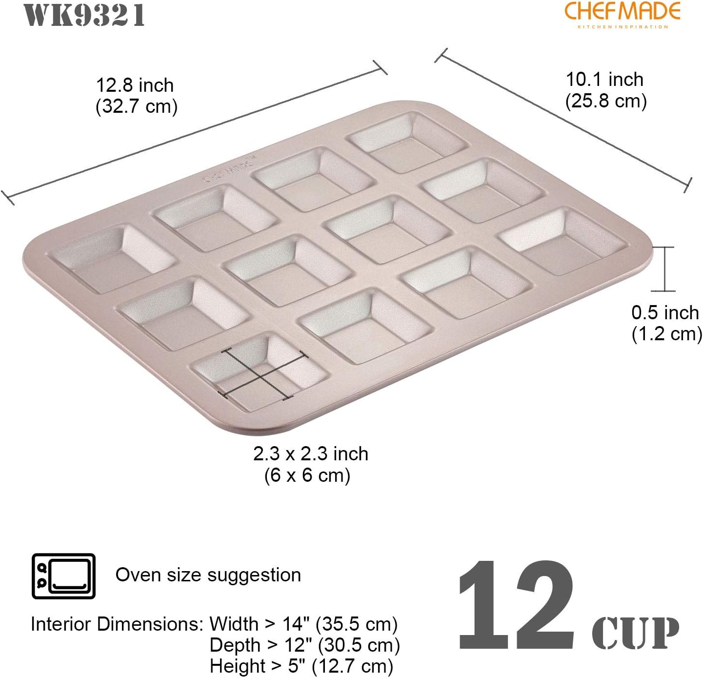 CHEFMADE Financier Cake Pan, 12-Cavity Non-Stick Square Muffin Pan Biscuits Cookies Bakeware for Oven Baking (Champagne Gold