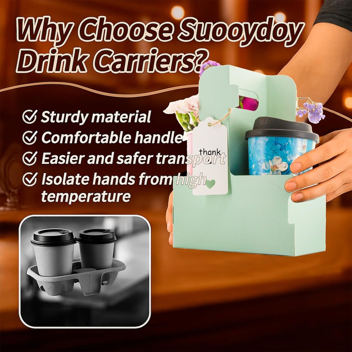 10 Pack 2 Cup Disposable Drink Carrier with Handle Paperboard Coffee Cup Holder Portable for Hot Cold Drinks Food Delivery Services with Heart Card for Teacher Appreciation Week Mother's Day