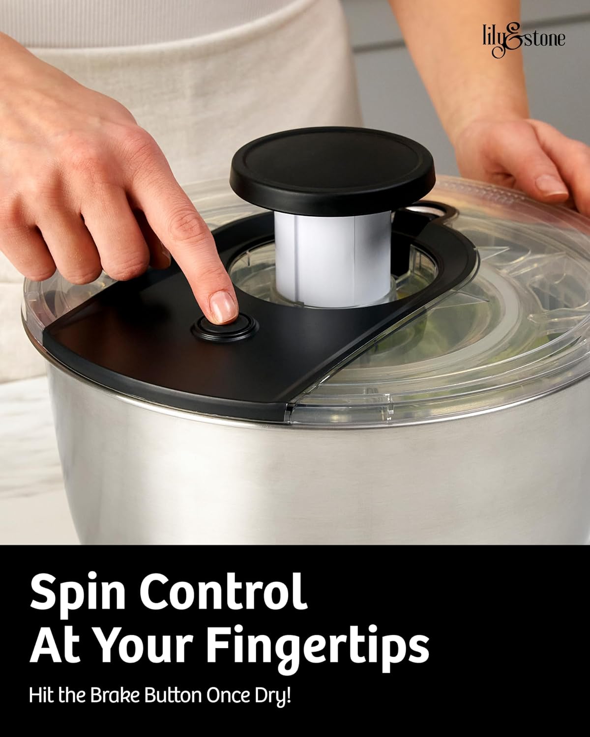 Stainless Steel Pump Salad Spinner Large - Easy Compact Kitchen Tool - Stainless Steel Bowl, Drain & Colander - Lettuce Spinner, Vegetable Dryer, Fruit Washer, Pasta & Fries Produce Strainer - 6.33 Qt