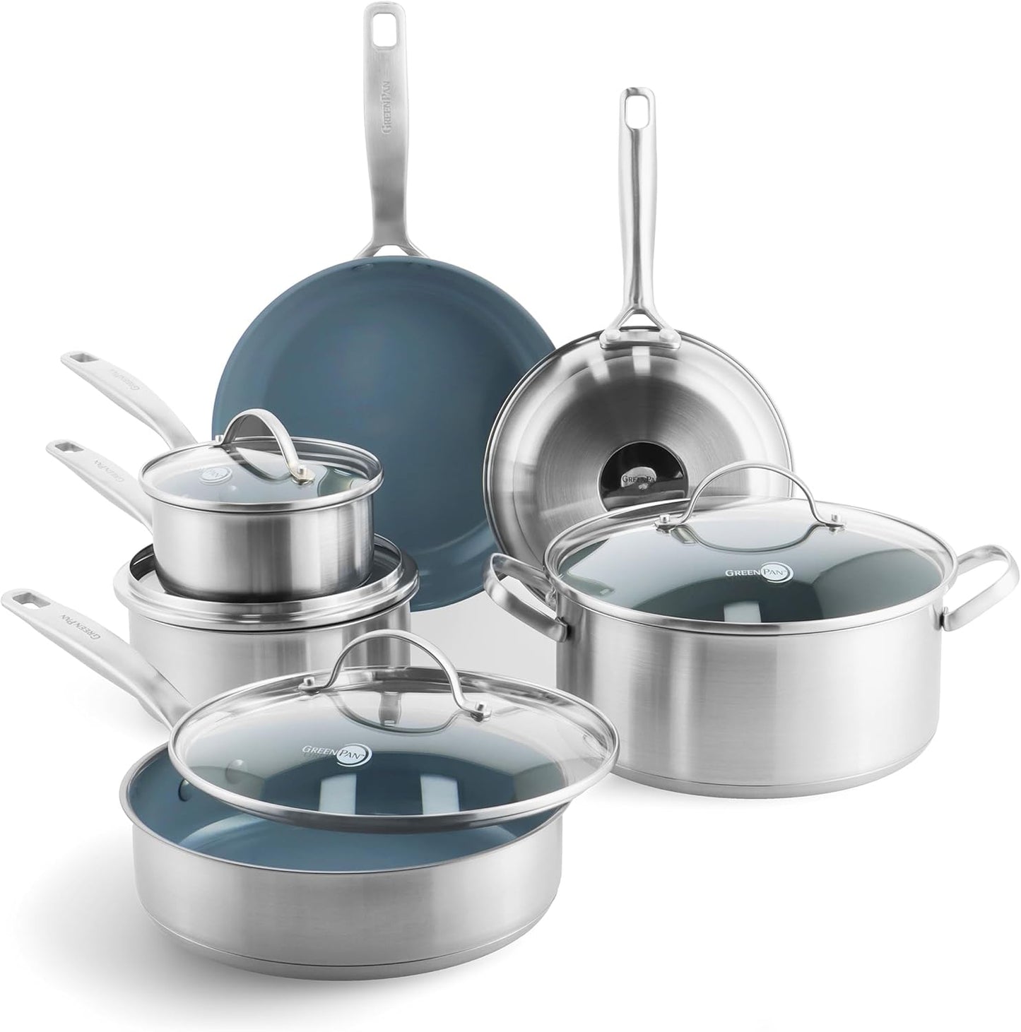 GreenPan Treviso 10 Piece Cookware Set, Non-Toxic PFAS-Free Stainless Steel Ceramic Nonstick Coating, Induction Suitable, Pots, Pans Lids, Sauté & Saucepans, Multi Clad, Dishwasher & Oven Safe