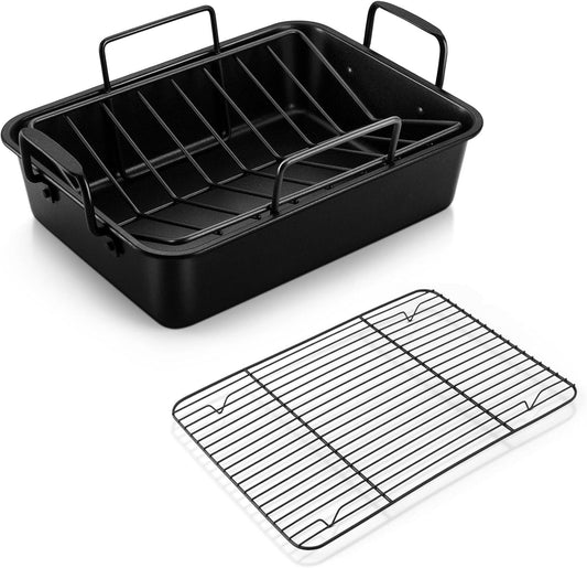 P&P CHEF 14" Roaster Roasting Pan with Baking Rack and V-shaped Rack, Stainless Steel Rectangular Lasagna Pan with Handles for Turkey Chicken, Healthy & Dishwasher Safe, 3 Pieces, Black
