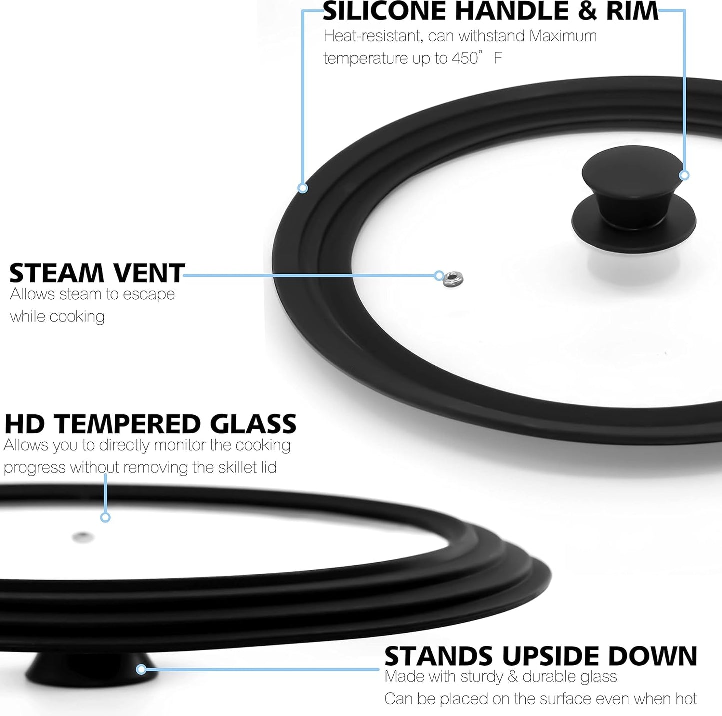 Anaeat Silicone Universal Lid for Pots, Pans and Skillets - Tempered Glass Covered with Heat Resistant Silicone Rim Fits 10", 11" and 12" Diameter Cookware -Easy to Use Replacement Frying Pan Cover