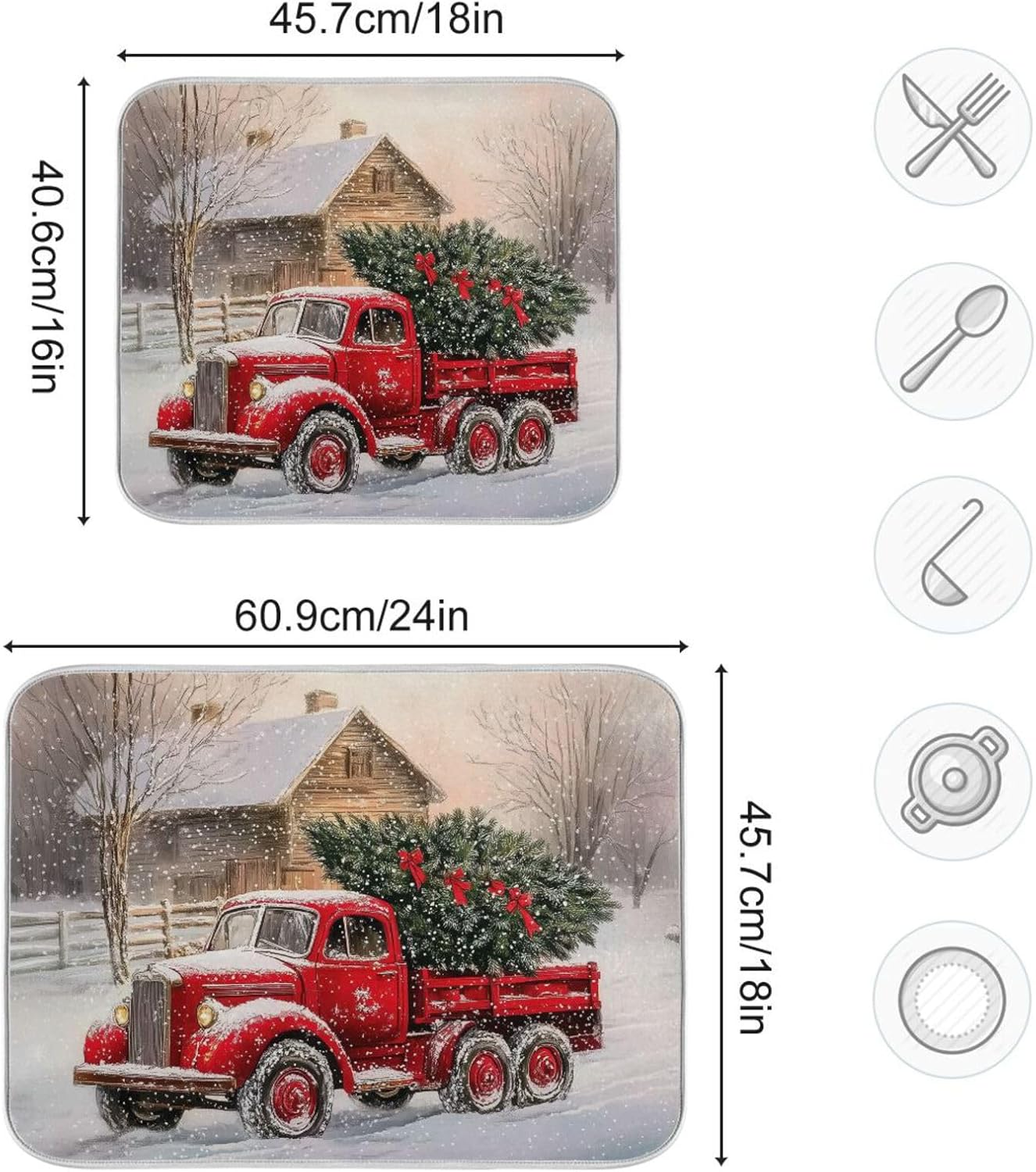 Red Christmas Truck Dish Drying Mat for Kitchen Counter Absorbent Microfiber Drying Pad, Large 18x24 in, Reversible Drainer Mats