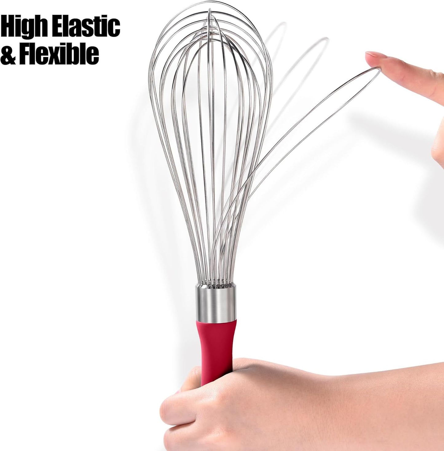 18/8 Stainless Steel Balloon Whisk, Doosu Kitchen Whisk for Cooking Handheld Egg Beater with Rust-Proof Sturdy Wires & Non-Slip Silicone Handle for Beating, Stirring, Blending (12 Wires, Red)