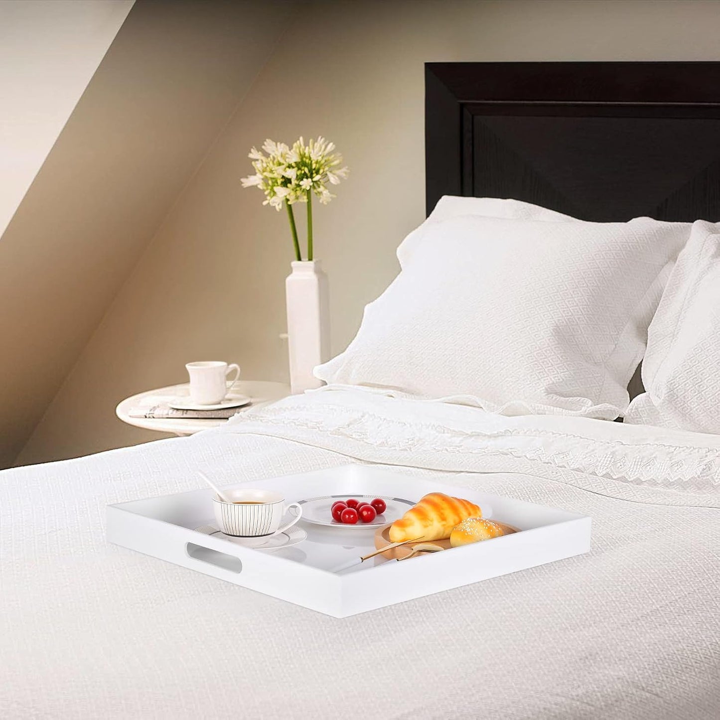 White Modern Acrylic Ottoman Tray with Cutout Handles 22x22 Inch Over-Sized Serving Tray Rubber Boot Tray Organizer Decorative Tray for Living Room, Bedroom,Bathroom and Kitchen Tabletop