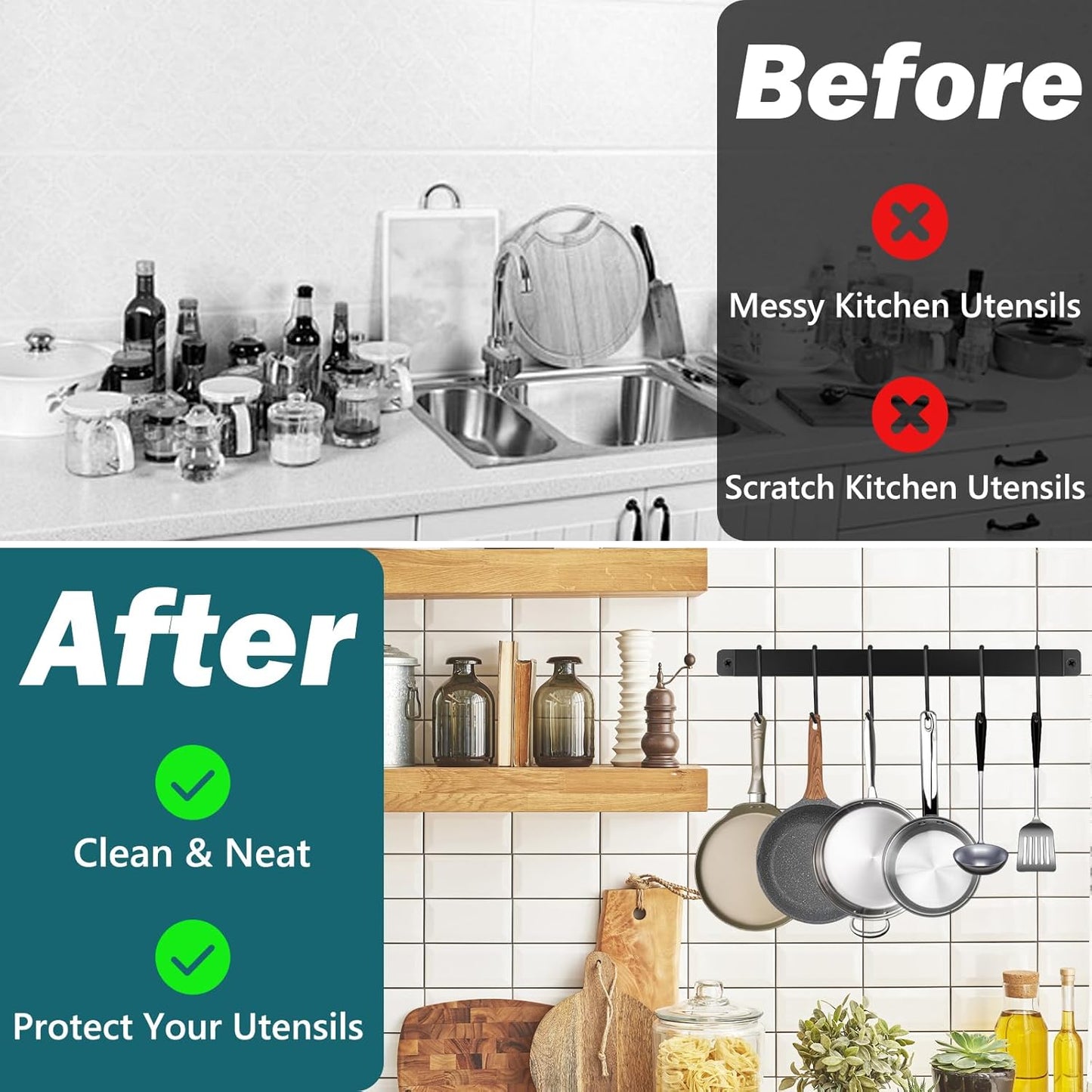 2 Pack Steel-made Kitchen Utensil Rack Organizer Wall-mounted Pot Pans Wall Hanger Holder for Coffee Mug Rack Cup Hanging Kitchen Black with 10 S Hooks