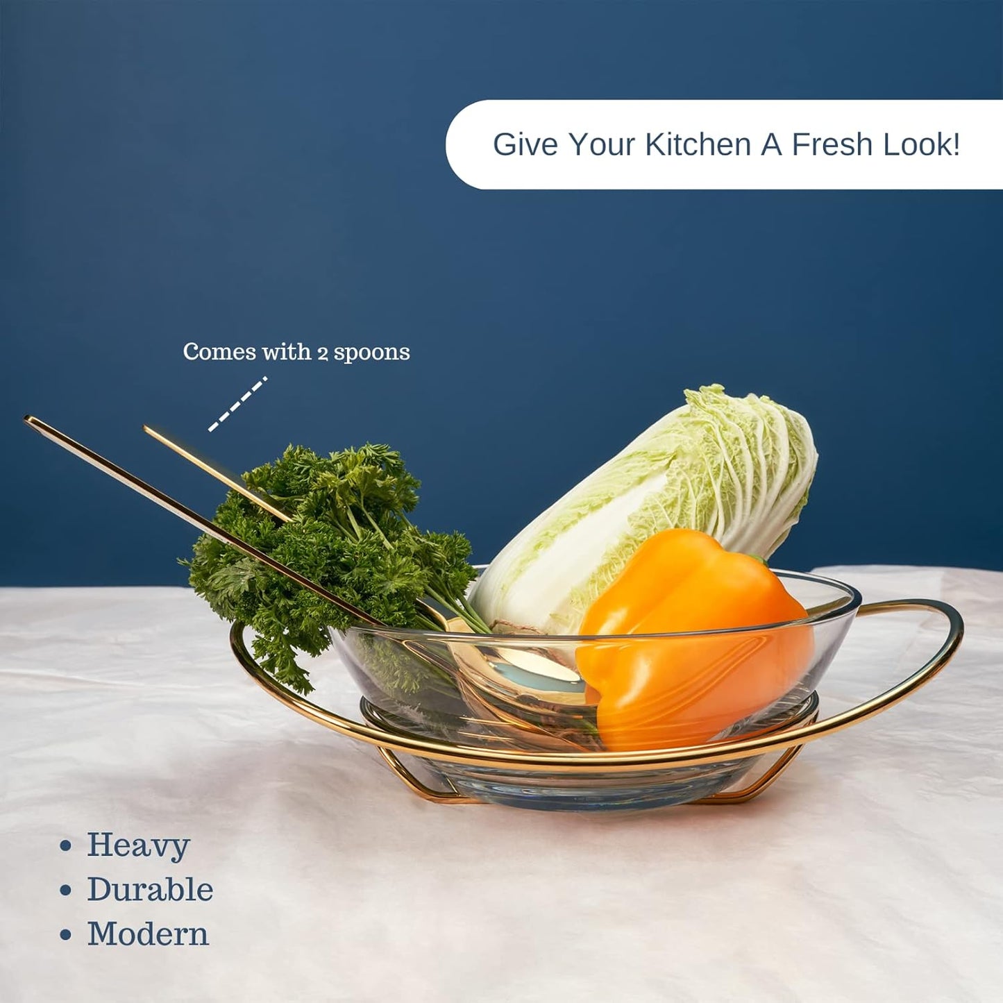 Regent 18/10 CONTEMPO Chromeplated 9.8”inch 25cm Salad Bowl with Stainless Steel Servers Salad Bowls, Big Salad Bowls with Perfect for Fruits, Vegetable or Salads (Gold)