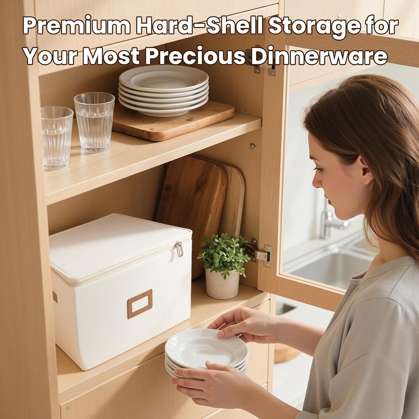 HOMELUX THEORY Hard Shell China Storage Containers, 8pc Ivory Mug & Plate Storage Box, Kitchen Storage Bins W/Lids, Heavy Duty Moving Box with Handles for Dishes, Glassware, Silverware, Cup & Mug