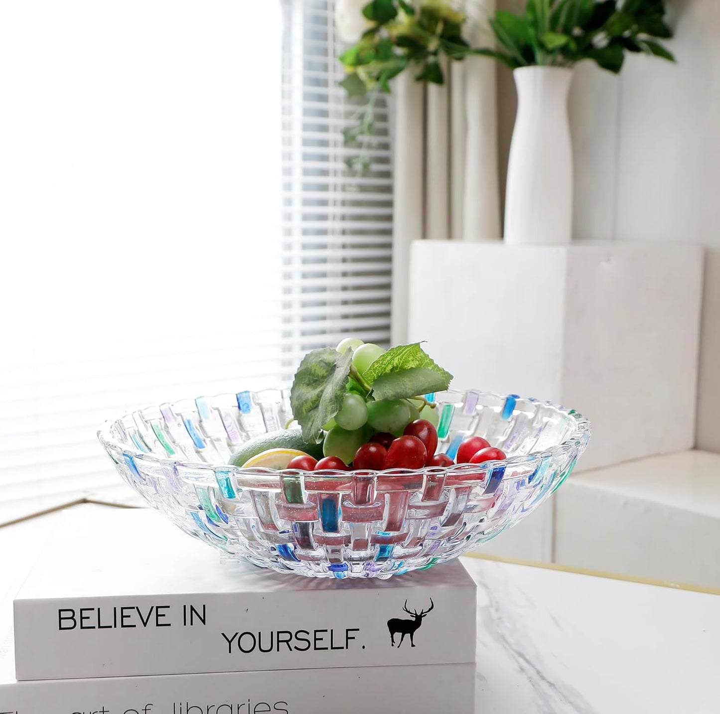 Hand Painted Blue Woven Glass Crystal Salad & Fruit Bowl Decoration,Centerpiece For Home,Office,Wedding Decor, Fruit, Snack, Dessert, Server (Blue)