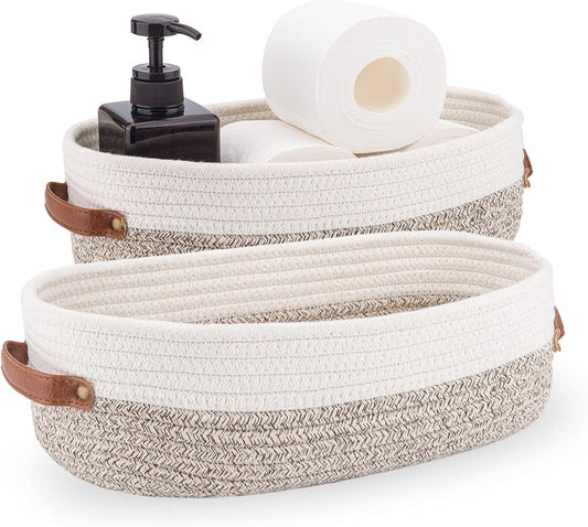2 Pack Woven Storage Basket for Toilet Tank Top,Farmhouse Home Decor Organizing Basket for Bathroom,Table and Counter 13"x5.9"x4" Apricot Stitching White