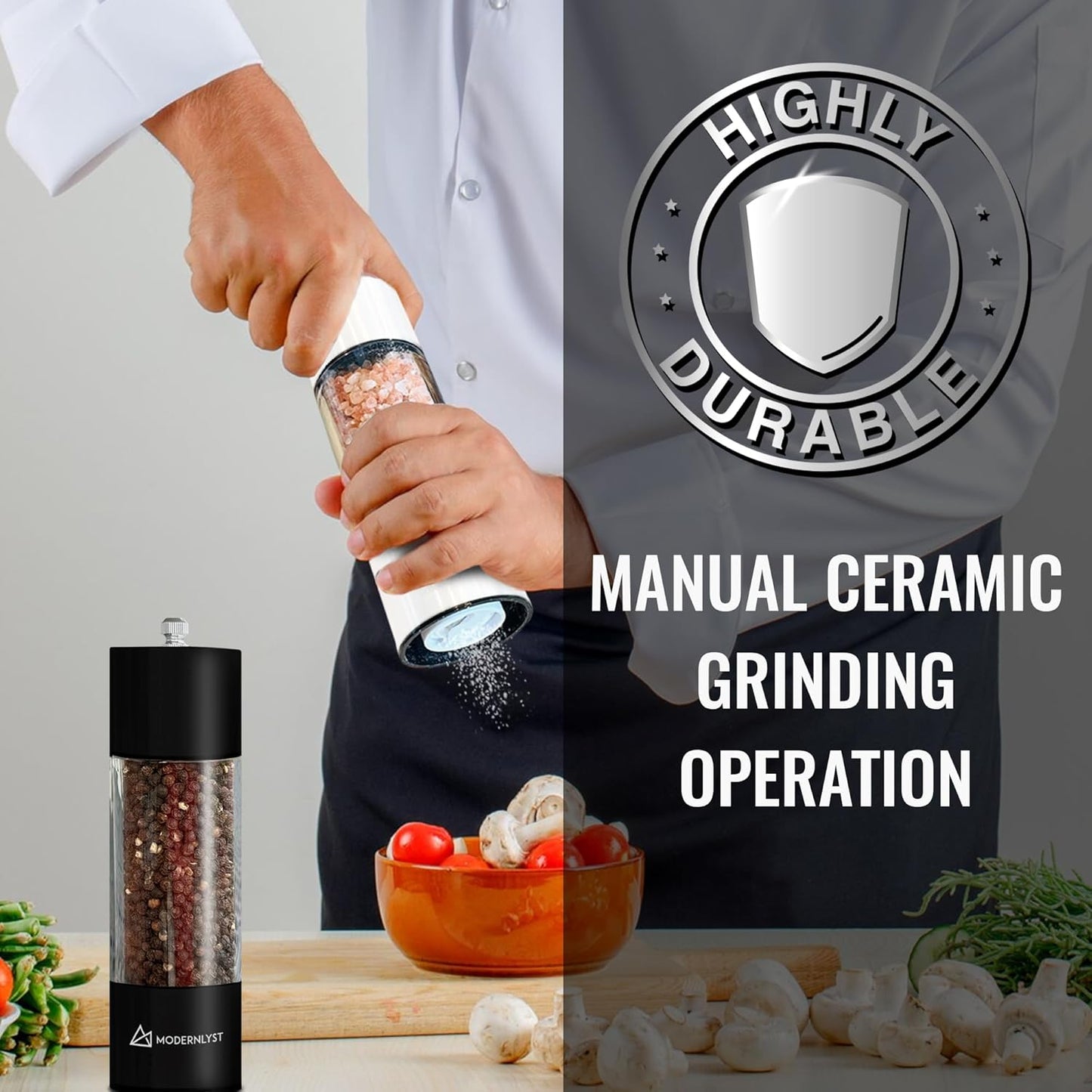 Manual Salt and Pepper Grinder Set of 2 | Large Round Salt and Pepper Shakers Set | 7.5 inch Stainless Steel Salt Grinder Refillable | Pepper Grinder Manual | Black & White