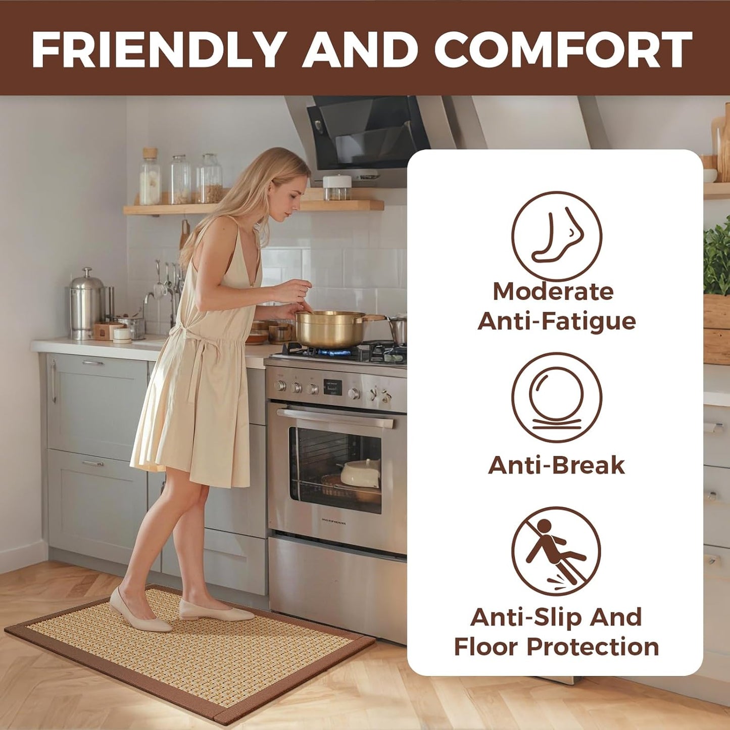 Kitchen Runner Rugs Non Slip Washable Anti Fatigue, Super Absorbent Long Cushioned Kitchen Mats for Floor, Jute-Look Woven Sink Mat Standing Mat for Floor, Office, Laundry, Brown 17"x59"