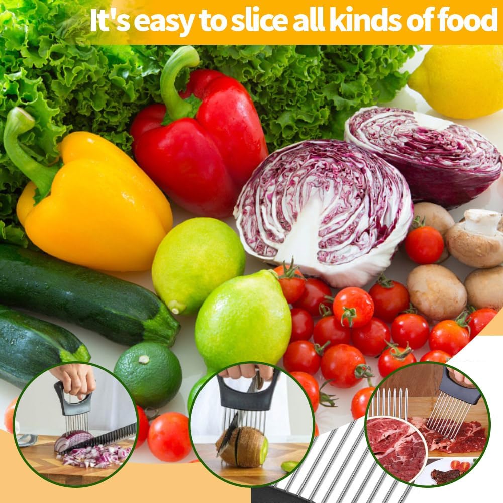 Onion Holder for Slicing, Stainless Steel Onion Slicer and Chopper, Lemon Slicer Vegetable Cutter Kitchen Tool, Food Slicing Assistant for Meat, Tomato, Potato, Lemon (2 Pack)