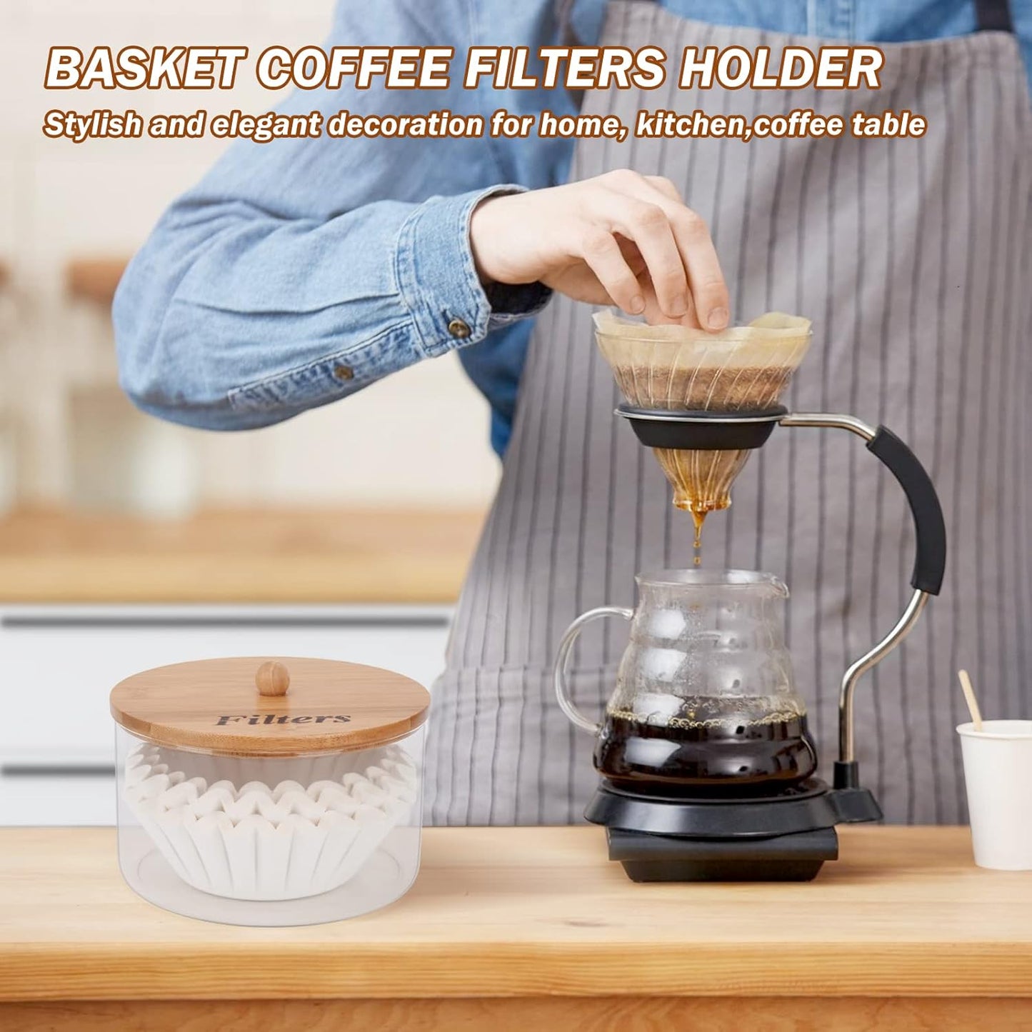 Coffee Filter Holder with Lid,Glass Coffee Filter Storage Container,Coffee Filter Dispenser,Rustic Coffee Filter Organizer Basket,Coffee Filter Container for Counter, Coffee Bar Accessories Decor