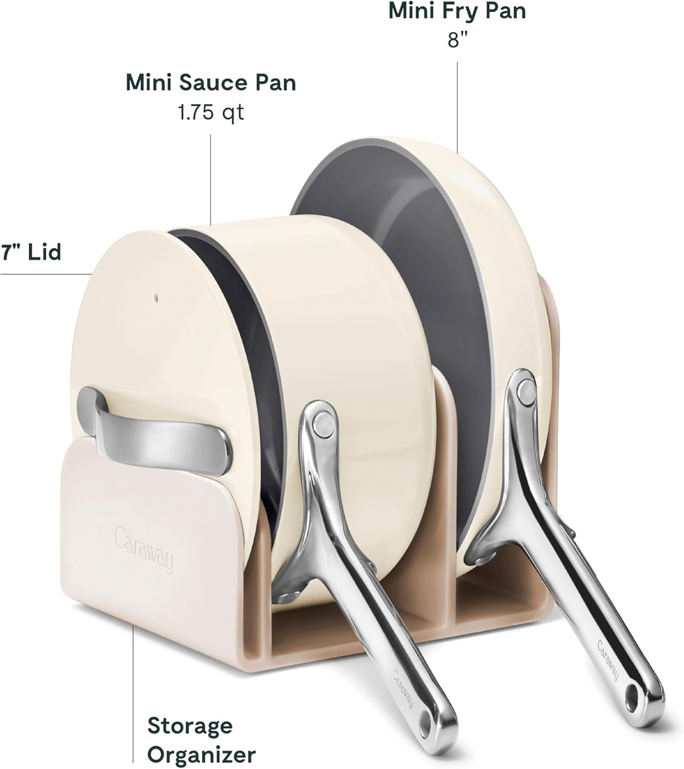 Caraway Mini Cookware Set - Non-Stick Ceramic Fry Pan (1.05 qt, 8") Sauce Pan (1.75 qt) & Storage Rack - Non Toxic, PTFE & PFOA Free - Oven Safe & Stovetop Agnostic (Gas, Electric & Induction) - Cream