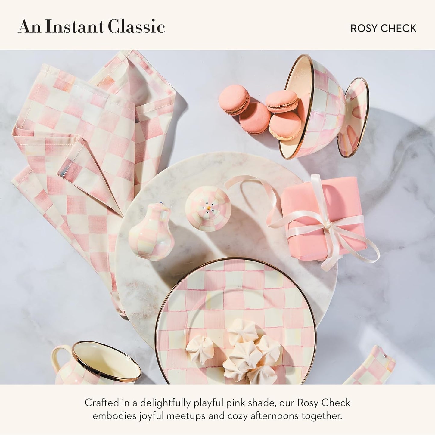 MACKENZIE-CHILDS Enamel Ice Cream Bowl, Serving Bowl for Entertaining, 2-Cup Capacity, Pink-and-White Rosy Check