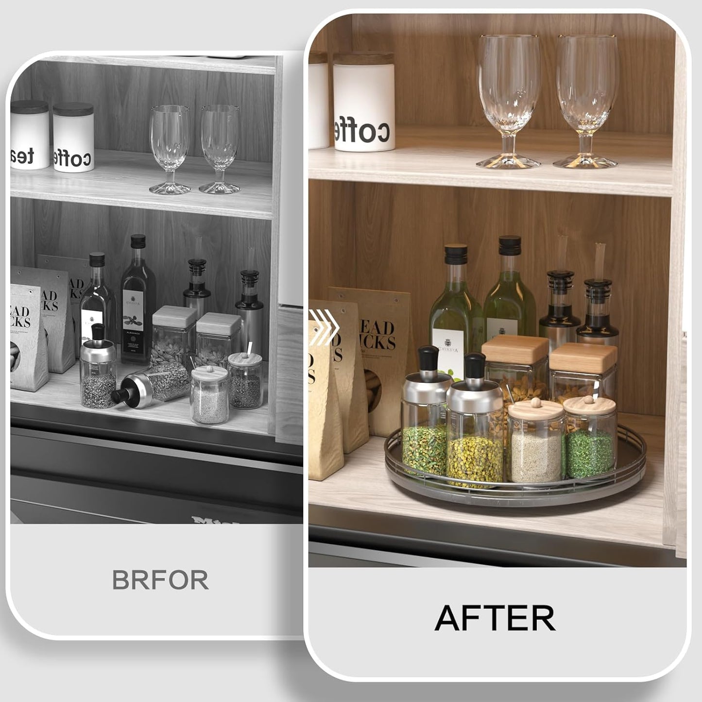 13" Silver Lazy Susan for Table Top, Oak Wood Lazy Susan Turntable Organizer for Dining Coffee Table Centerpiece Bar Decor Kitchen Countertop Bathroom Vanity Decorative Tray for Perfume Jewelry Round