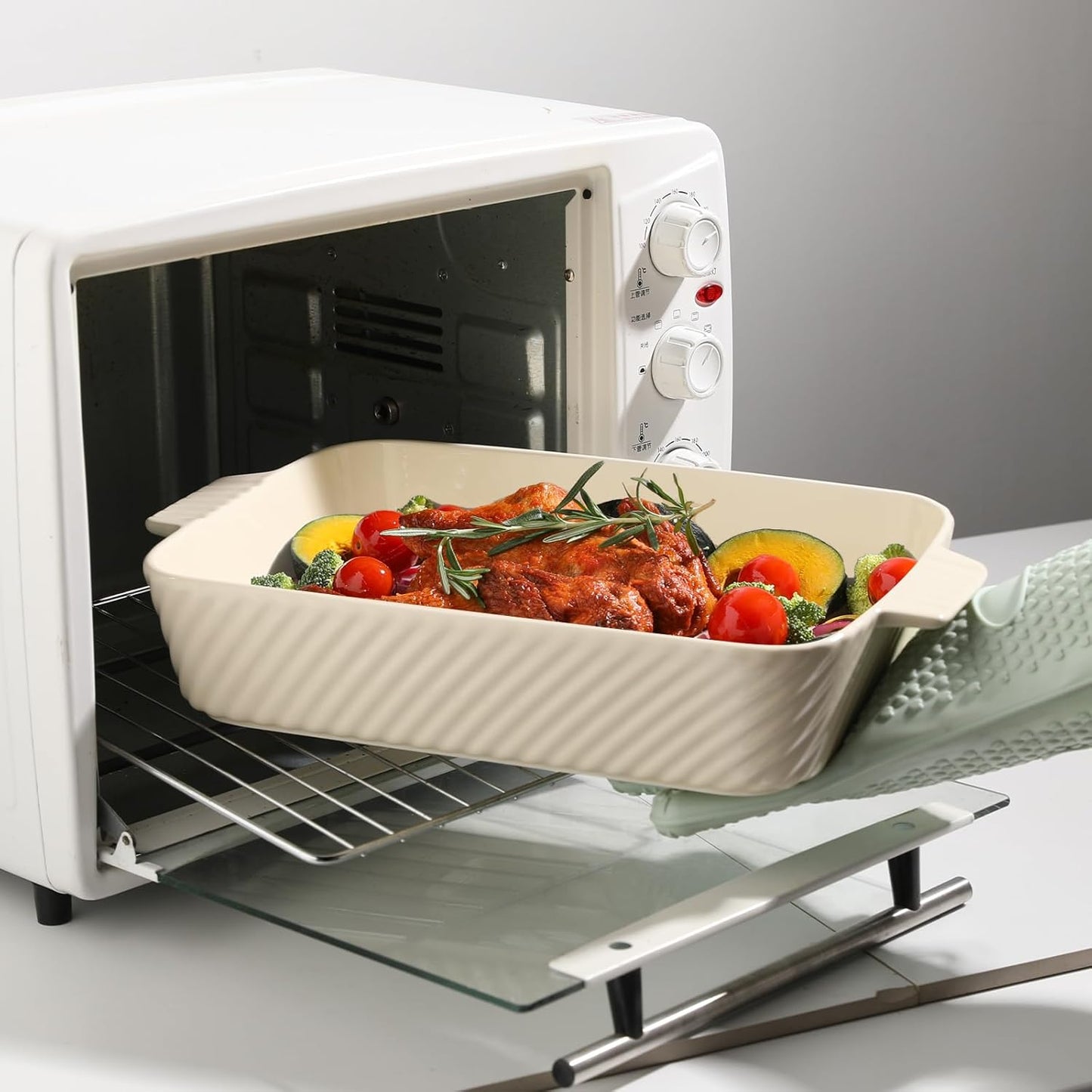 Sweejar Ceramic 13 x 9 Baking Pan, Cake Baking Dish for Brownie, Porcelain Striped Casserole Dishes for Oven with Handle for Lasagna, Family Dinner(Beige)