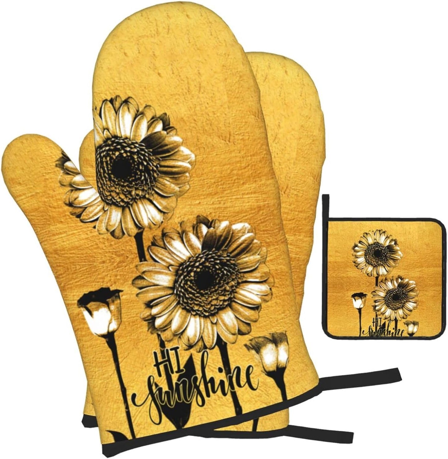 Sunflower Oven Mitts and Pot Holders Sets, Heat Resistant Gold Kitchen Oven Glove for Kitchen BBQ Baking Grilling Cooking, Sunflower Gifts for Women Cooks Bakers Cooking Lover