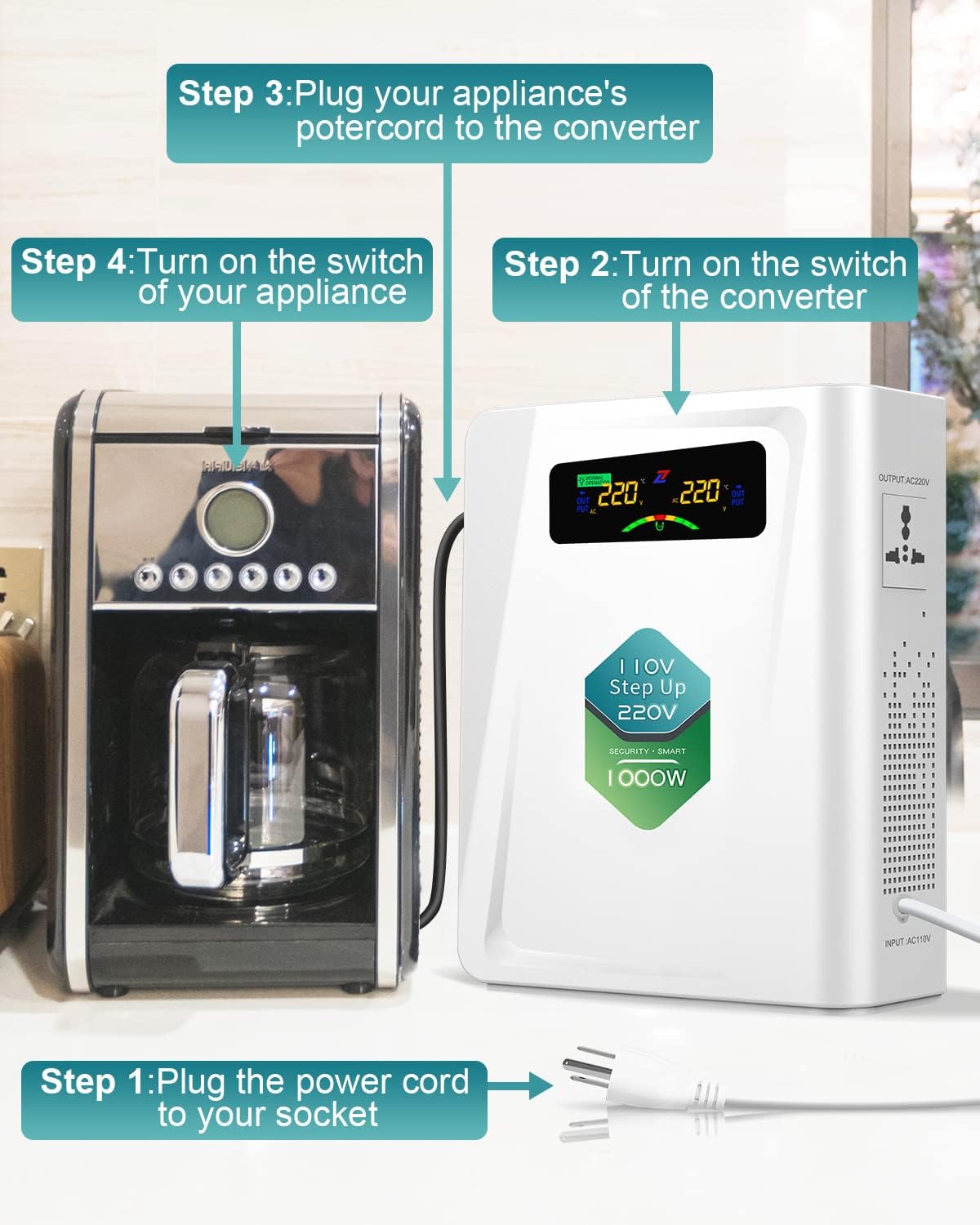 120v to 240v Step Up Transformer 1000W, 110v to 220v Power Voltage Converters, No Noise, Ten Protection Functions, Suit for Coffee Machines, Rice Cookers and Other Appliances
