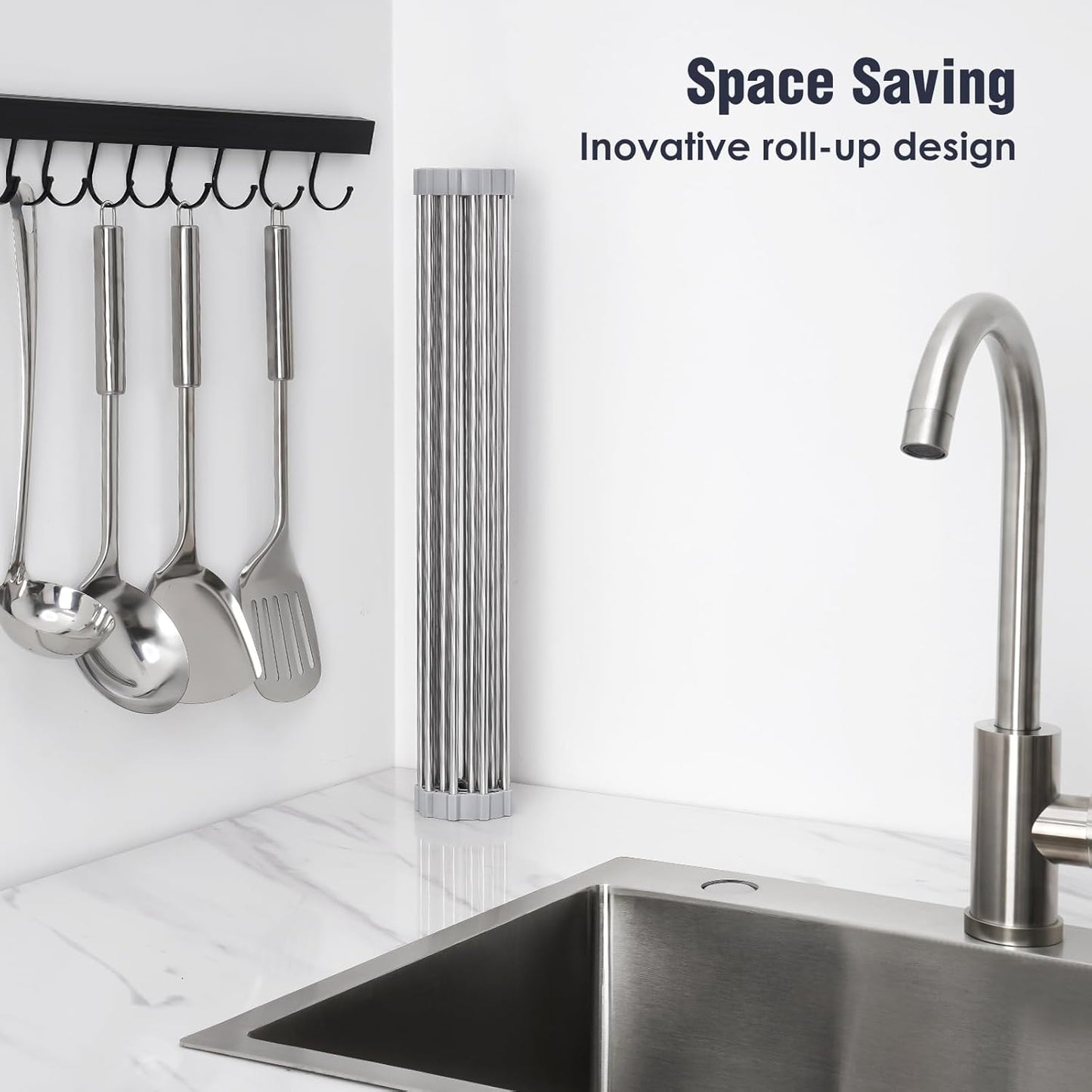 Tomorotec 17.7" x 12.5" Roll Up Dish Drying Rack Over Sink Drying Rack Sink Cover Kitchen Sink Accessories Gadget Multipurpose Organizer Foldable Stainless Steel Drainer