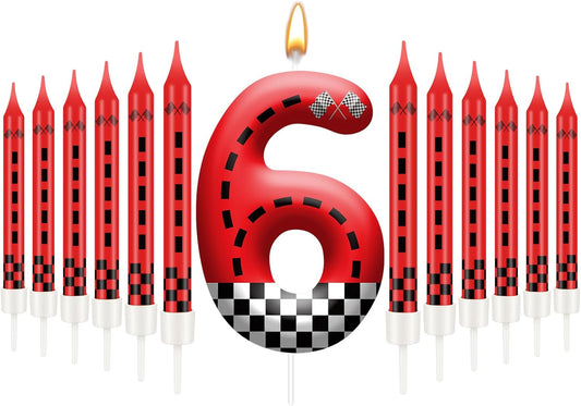 13PCS Racing Car Theme Birthday Candle Set with Checkered Flag Design - Durable Cake Topper for Race Car Party Decorations, Kids Birthday Supplies - Number 6 Candle for Racing-Themed Celebrations