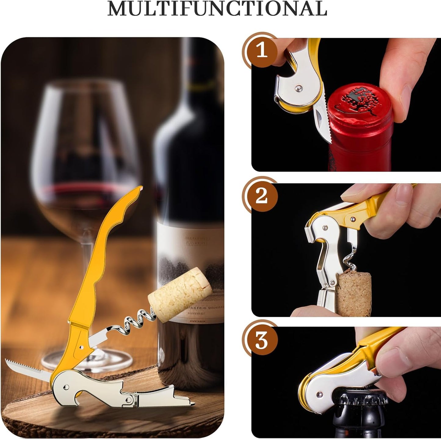 HYZ 2-Pack Wine Opener Waiter Corkscrew, Professional Wine Key for Servers, Bartender with Foil Cutter, Manual Wine Bottle Opener Double Hinged (Yellow)