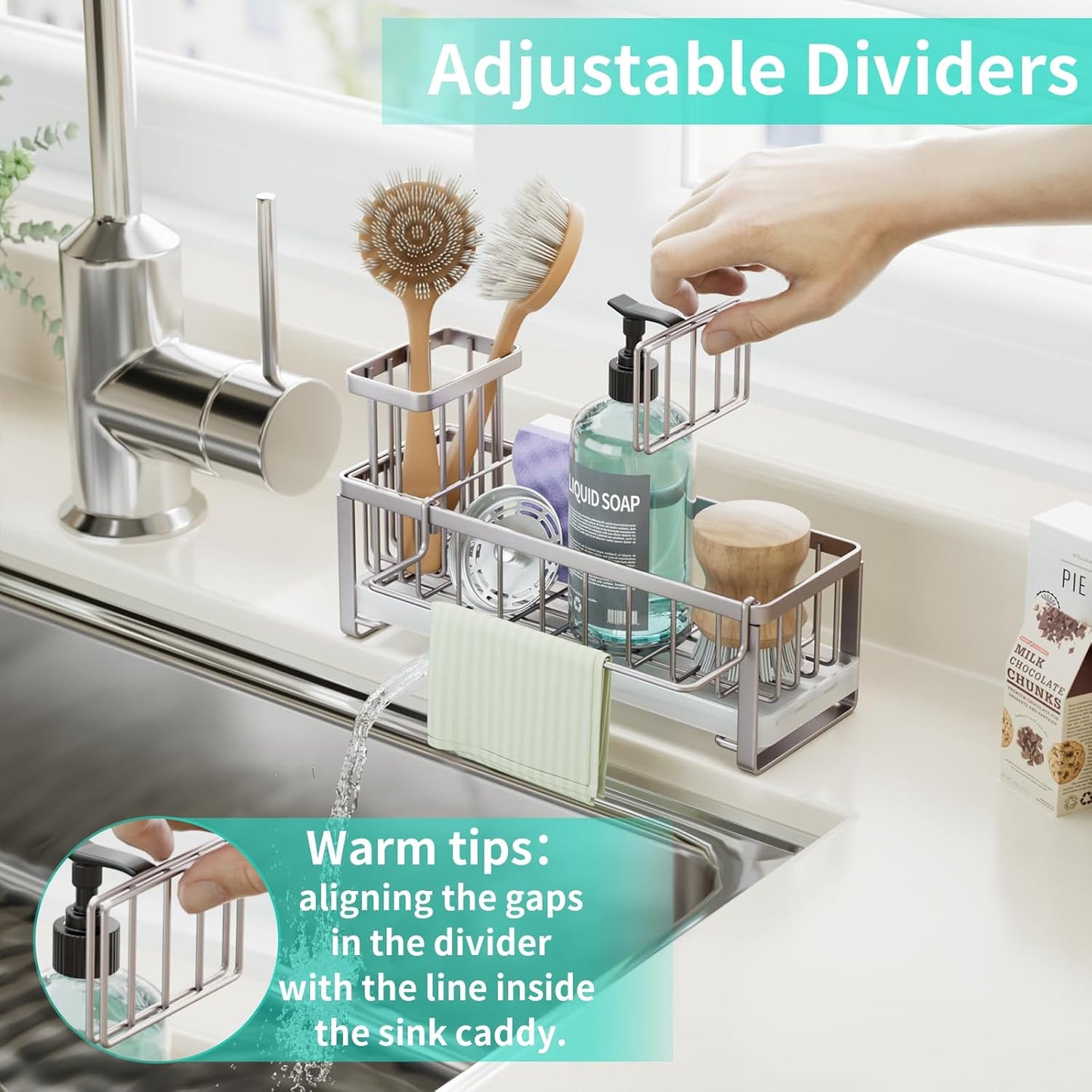 HapiRm Sponge Holder for Kitchen Sink - Self-draining Sink Caddy with Brush Holder and Dishcloth Holder, Stainless Steel Kitchen Organizer for Countertop - Brushed Nickel