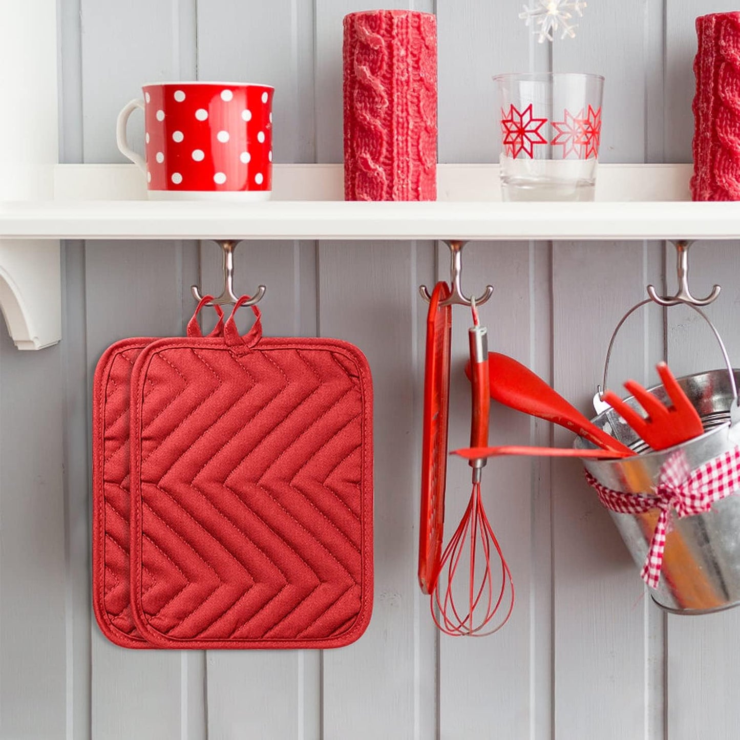 GROBRO7 5Pack Pocket Pot Holders Cotton Heat Resistant Potholder Multipurpose Hot Pads Machine Washable Oven Mitts Potholders Bulk for Daily Kitchen Baking and Cooking 7 x 9 Inch Red