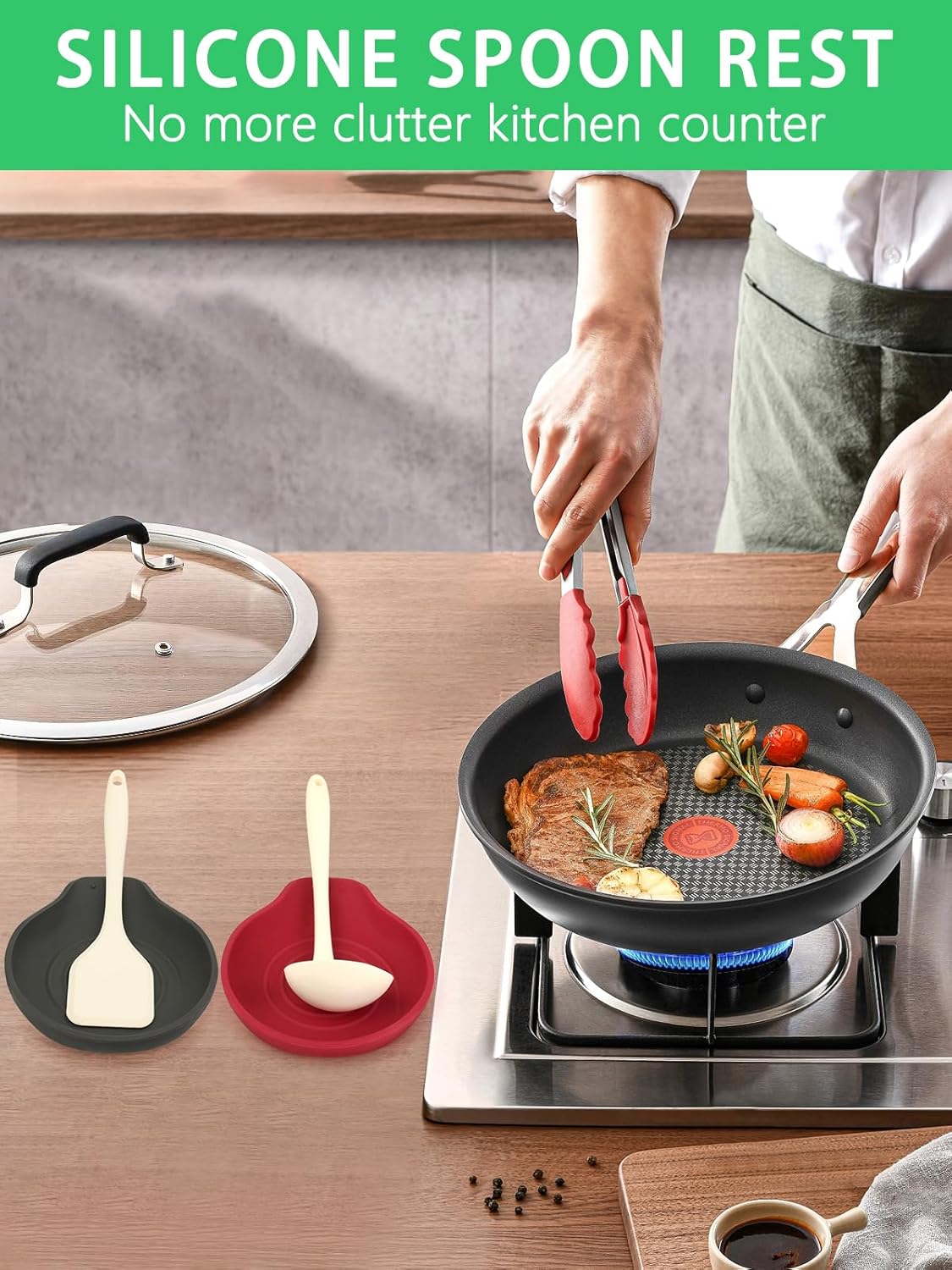 2 Pcs Silicone Spoon Rest Counter Top, 6.1" Large Cooking Spoon Holder for Stove Top, Utensil Rest for Spatula, Tongs, Black & Red