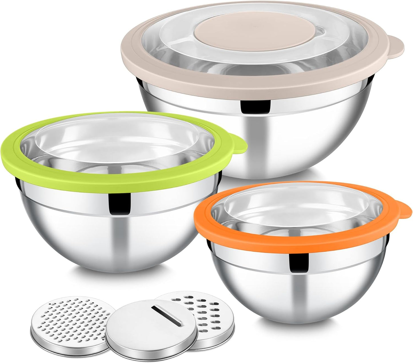 E-far Mixing Bowls with Lids and Graters, Stainless Steel Salad Mixing Bowl with Transparent Lid Set of 3, Metal Nesting Salad Storage for Kitchen Prepping/Serving/Baking, 4.6/2.6/1.5QT - Colorful