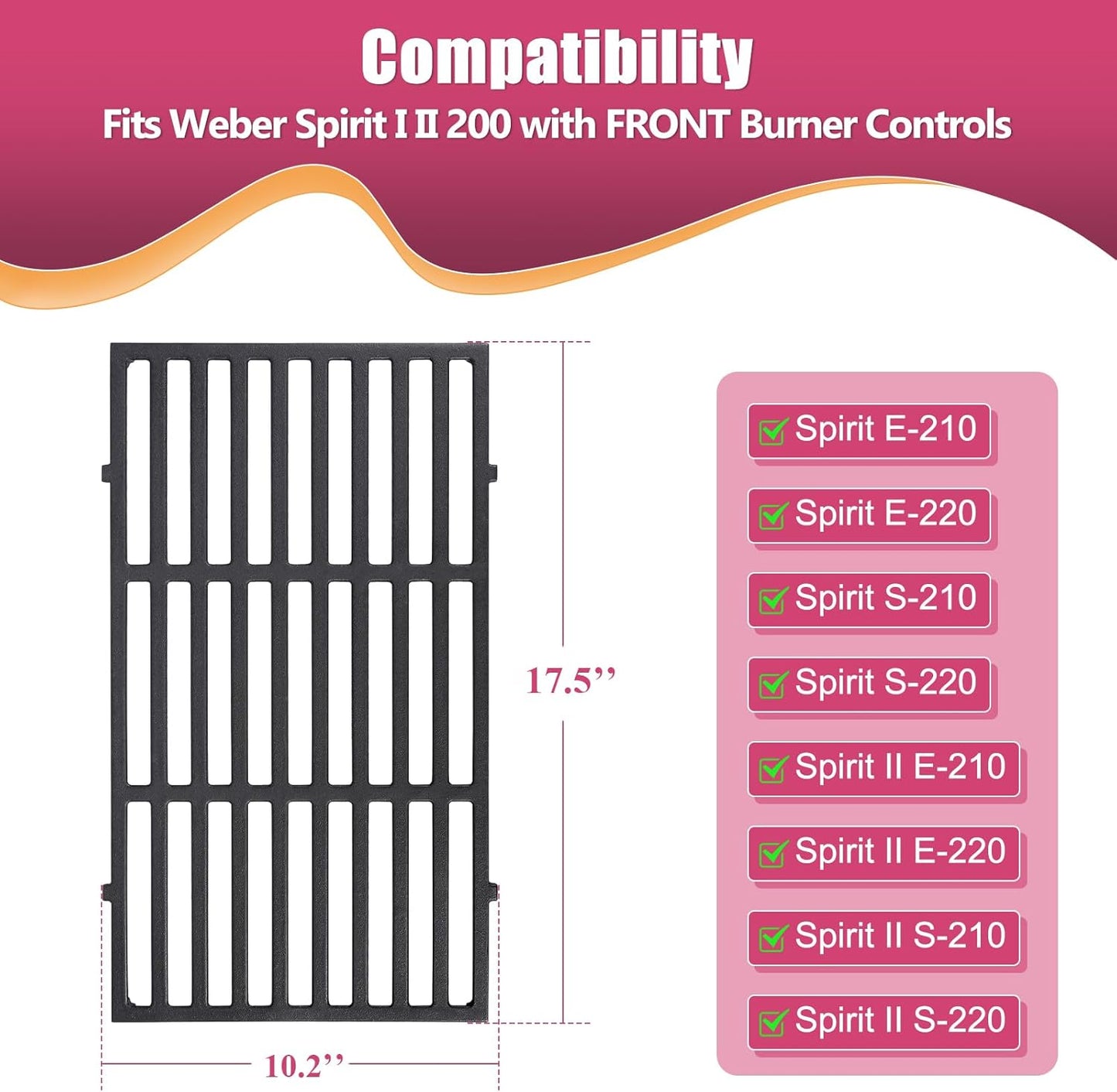 17.5 Inches Cast Iron Grill Grates Replacement 7637 for Weber Spirit I II 200 Series, Spirit E210 E220 S210 S220 Gas Grills (with Front Control Knobs), Grill Grates Parts for Weber Spirit 200