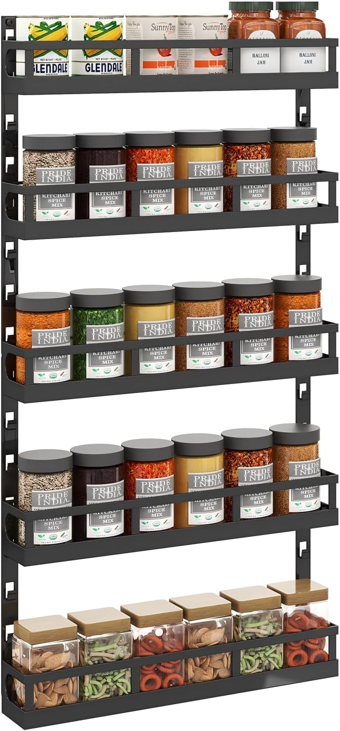 X-cosrack 5-Tier Small Wall-Mounted Spice Rack Organizer, Height-Adjustable, Space-Saving Compact Design for Kitchen Pantry Cabinet, Black