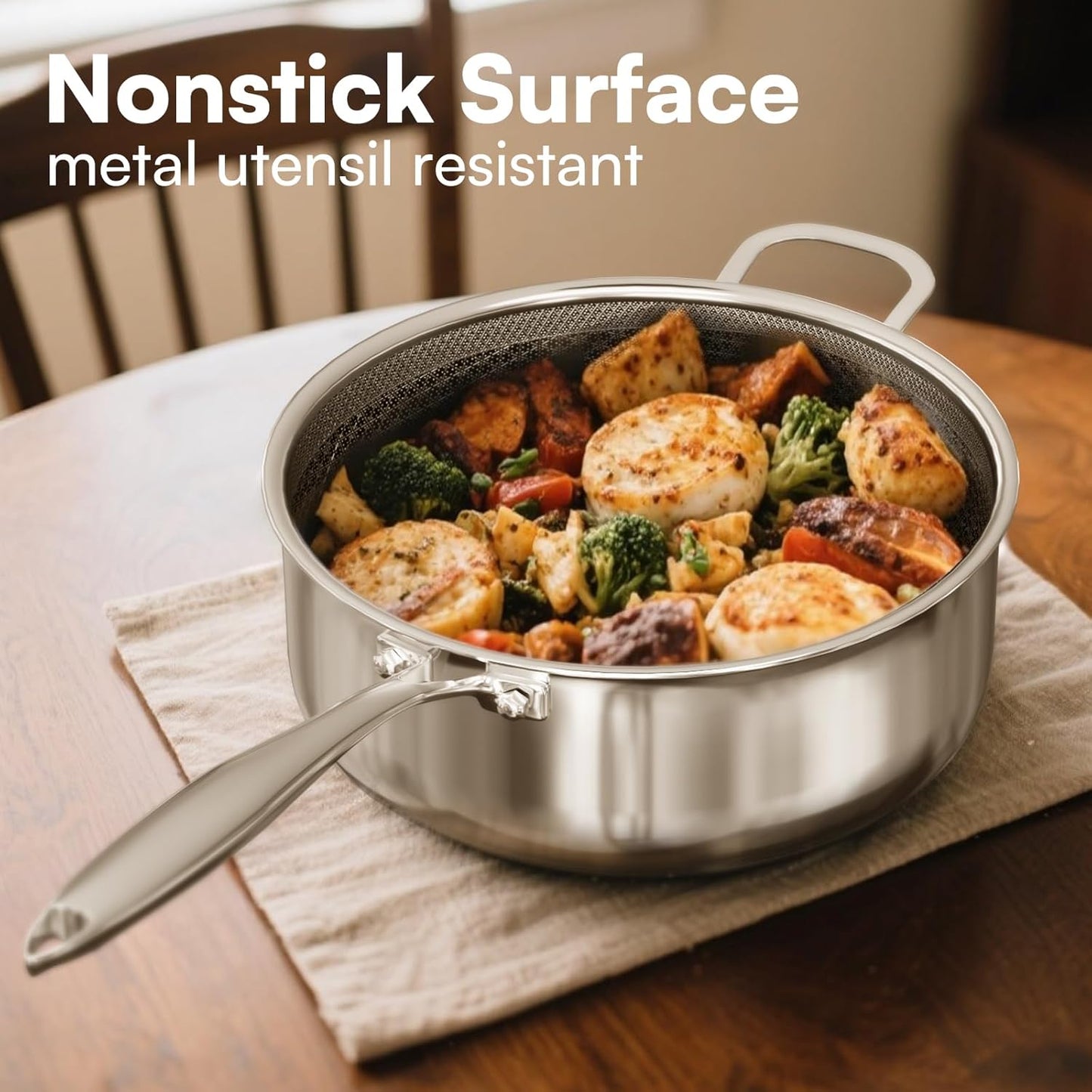 5 Qt Saute Pan with Lid, 5 Ply Stainless Steel Pan with Lid, Non Stick Frying Pans, Cooking Pot Deep Frying Pan Non-Toxic, For Induction, Oven, Dishwasher Safe