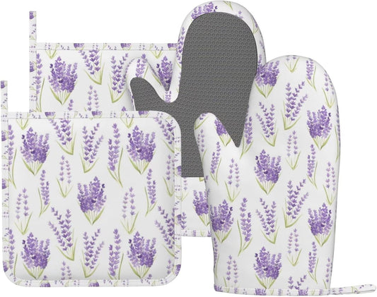 Lavender Spring Flowers Oven Mitts Pot Holders Set Silicone Lavenders Kitchen Oven Mitts Heat Resistant Potholders Non-Slip 4pcs Hot Pads and Oven Gloves Sets for Cooking