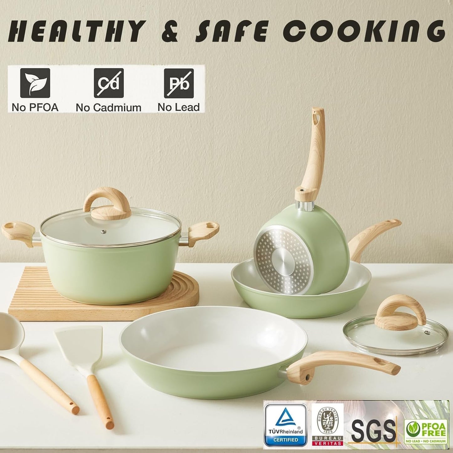 Green Non Stick Pots and Pans Set, Healthy Ceramic Cookware Set, 12pcs Kitchen Cooking Pots and Frying Sauce Saute Pans Set, PFAS-Free with Kitchen Utensils and Lid, Avocado