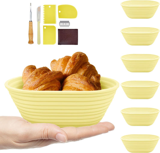 Silicone Banneton, Sourdough Bread Baskets (Set of 6, 6.5 Inch), Oval Proofing Bread Bowls with Starter Kit, Bread Making Baking Supplies