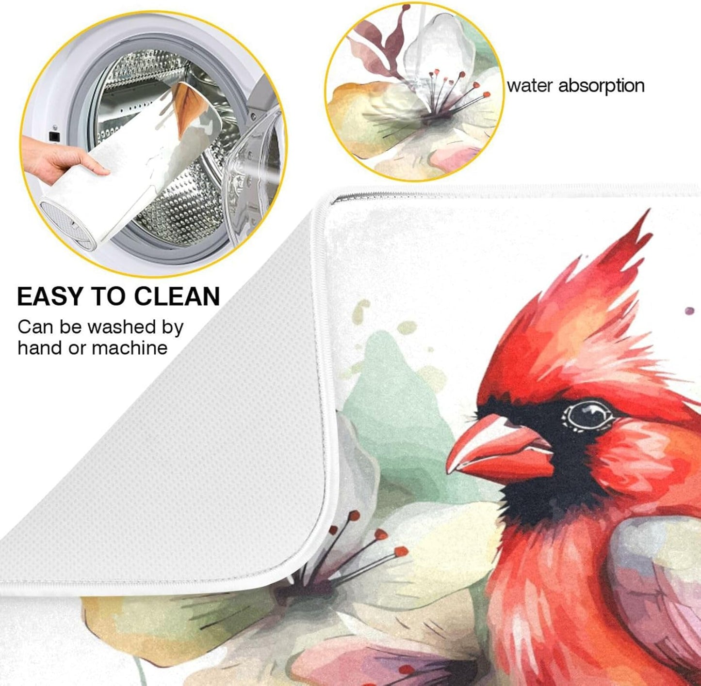 Cute Cardinal Christmas Dish Drying Mat for Kitchen Counter Absorbent Microfiber Drying Pad, Large 18x24 in, Reversible Drainer Mats