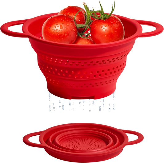 GIR Collapsible Colander for Kitchen – Space-Saving Strainer & Steamer – BPA-Free, Heat-Resistant, Dishwasher Safe Kitchen Strainer with Stainless Steel Rim – Durable Collapsible Colander - Red