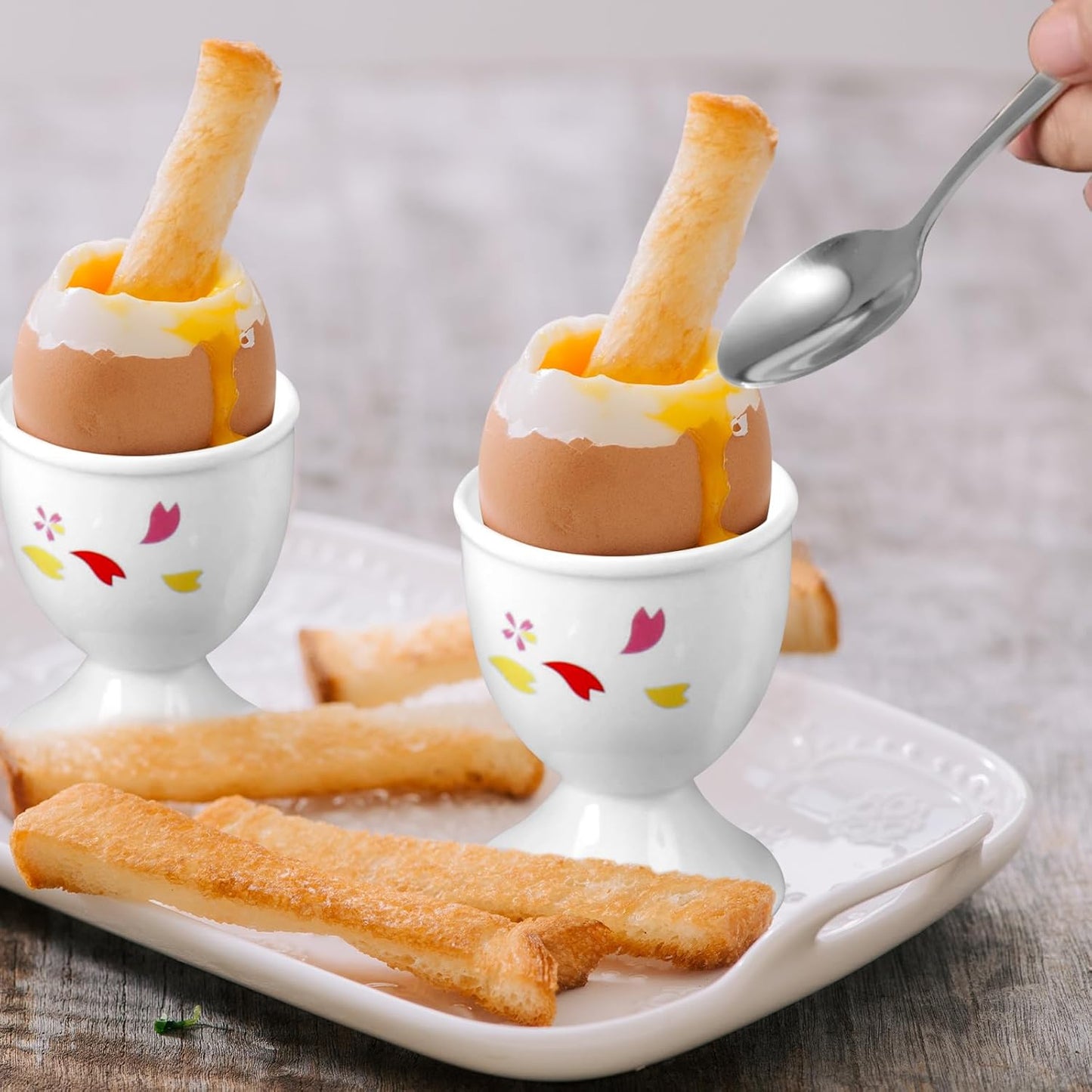Cinf Sakura Ceramic Egg Cups & Cracker Set | Set of 4 Ceramic Egg Cups + 4 SS Spoons + 1 Egg Topper Breakfast Boiled Cooking Easy to Clean Childhood Memories Kitchen