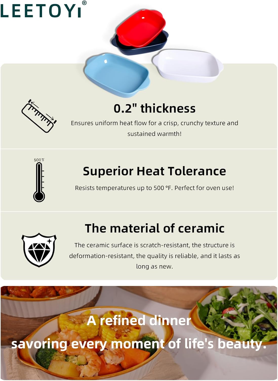 LEETOYI Ceramic Small Baking Dish, Porcelain 2-Piece Rectangular Bakeware with Double Handle, Baking Pans for Cooking and Cake Dinner 7.5"×5 (Turquoise)