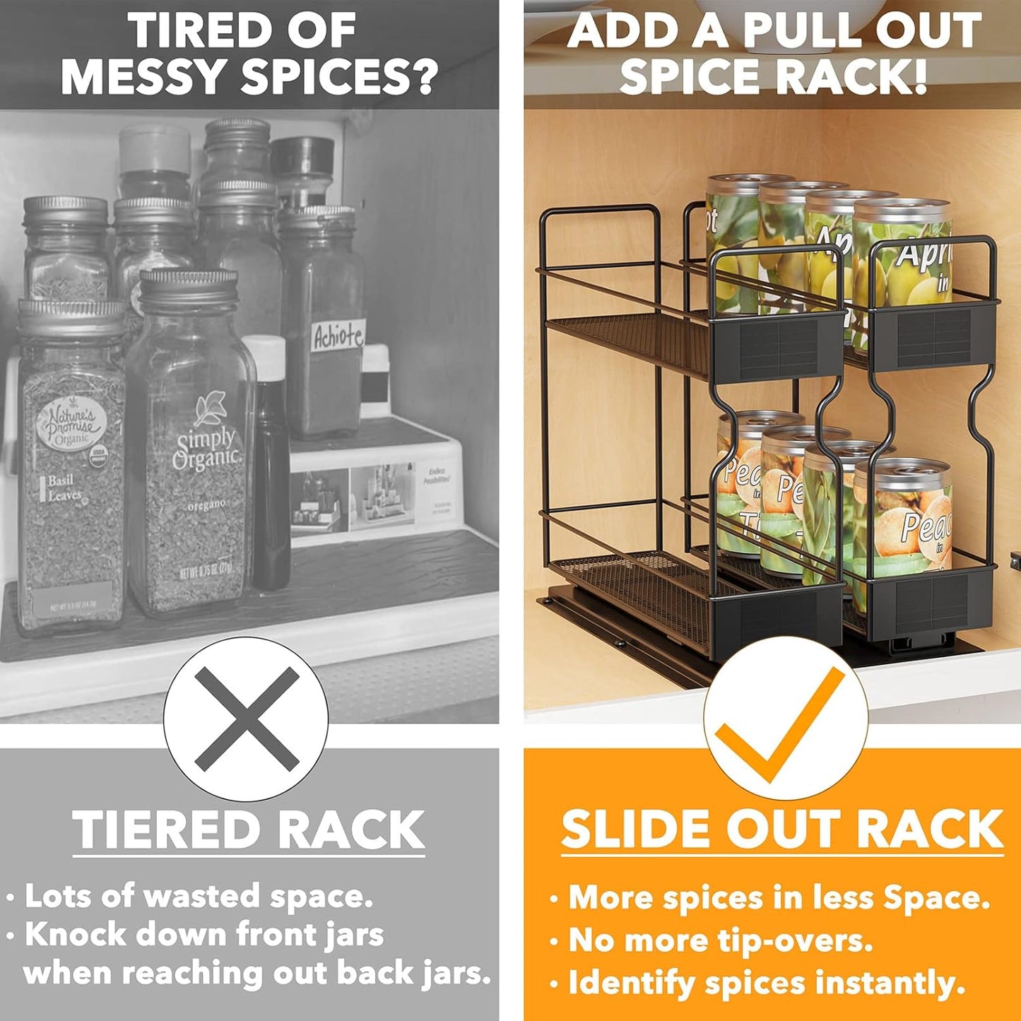 SpaceAid Pull Out Spice Rack Organizer for Cabinet, Heavy Duty Slide Out Seasoning Kitchen Organizer, Cabinet Organizer, with Labels, 7.7" W x10.75 D x10 H, 2 Drawers 2-Tier